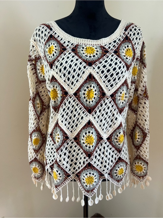 POL Sweaters - POL Crochet Openwork Sweater in White, Yellow & Brown